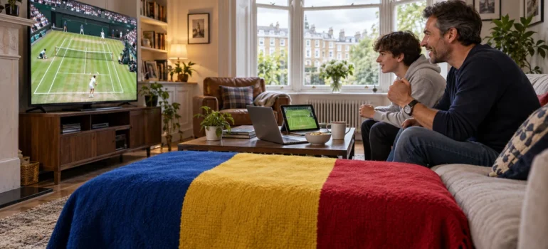 Tată și fiu urmăresc tenis pe iarbă la televizor într-un living britanic, cu tabletă, laptop și tricolor pe un taburet