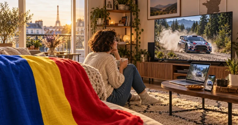 Femeie urmărește un raliu ilustrativ la televizor, lângă laptop, telefon și un pled tricolor într-un living