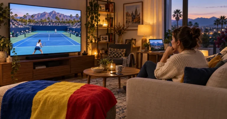 Femeie urmărind tenis feminin pe televizor într-un living cu laptop, telefon și material tricolor românesc